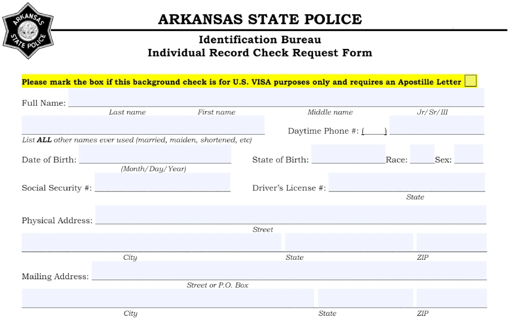 Arkansas State Police Record Check Request